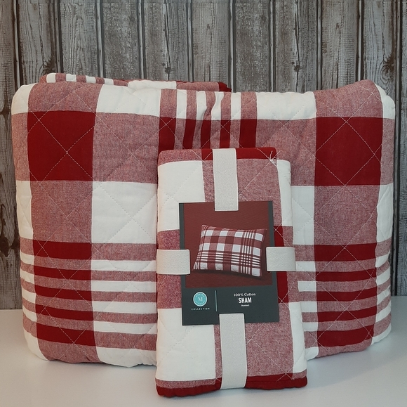 Martha Stewart Red Buffalo Check Plaid King Quilt & One Standard Sham - Picture 3 of 16